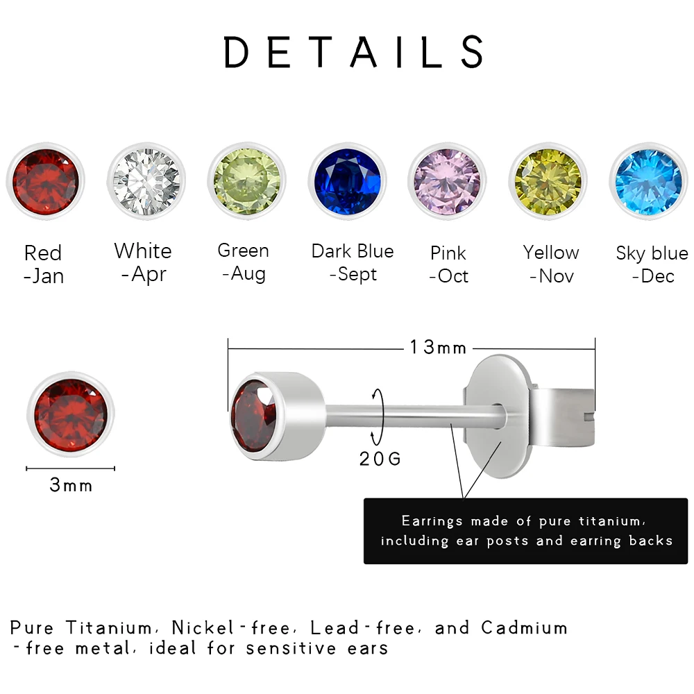 TGNEL Stud Earrings For Women ALL Pure Titanium January to December Birthday 3mm CZ Stud Piercing Titanium Jewelry 22TISE004