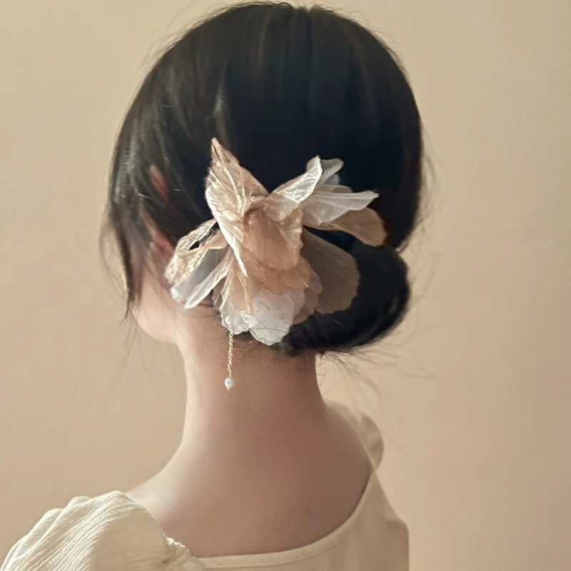 

Chiffon Floral Beaded Hairpin with Elegant Tassel U-Shaped Hairpin New Chinese-Style Sophisticated Updo Hairpin Hair Accessory