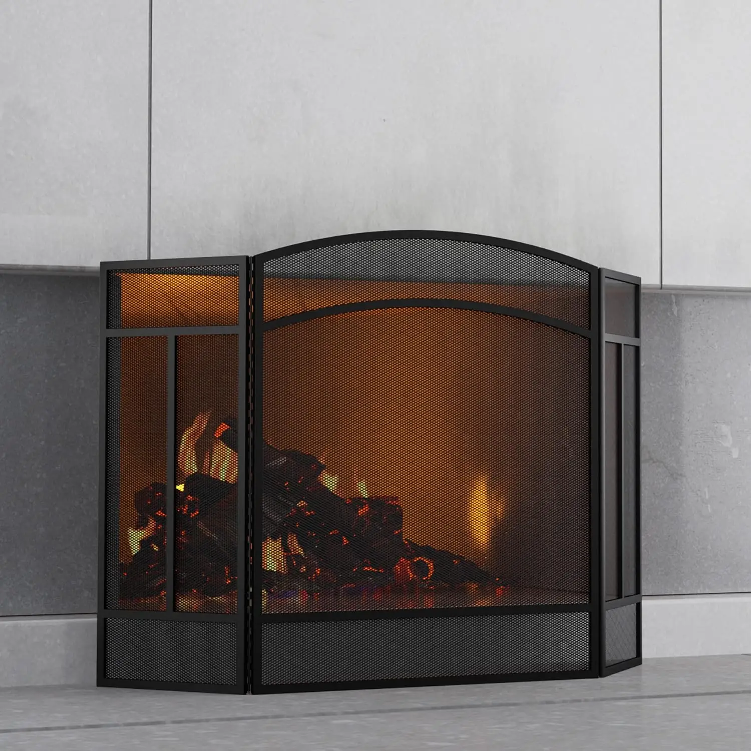 

Fireplace Screen 3 Panel Wrought Iron 48"(L) x 29"(H) Spark Guard Cover(Black)