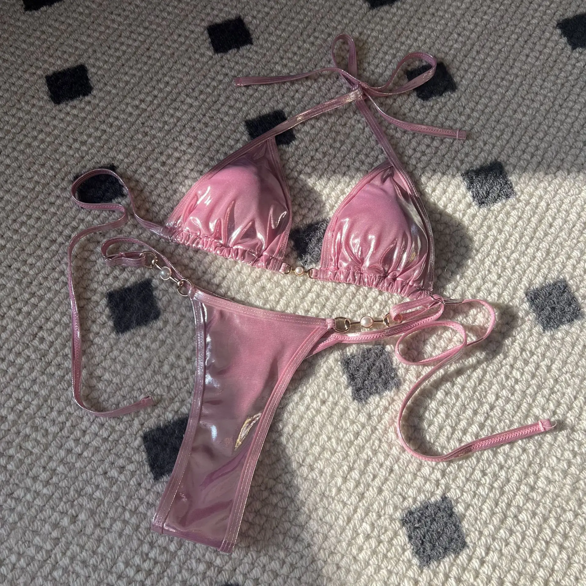 Bikini en similicuir PU pour femme, maillot de bain femme, licou, mini string, ensemble deux pièces, baigneur, baigneur trempé, nouveau