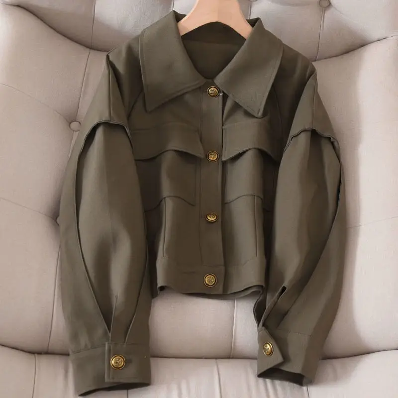 2025 Spring Casual Cool Women Army Green Pockets Short Jacket Coat , Woman Clothes Fall Coats Jackets