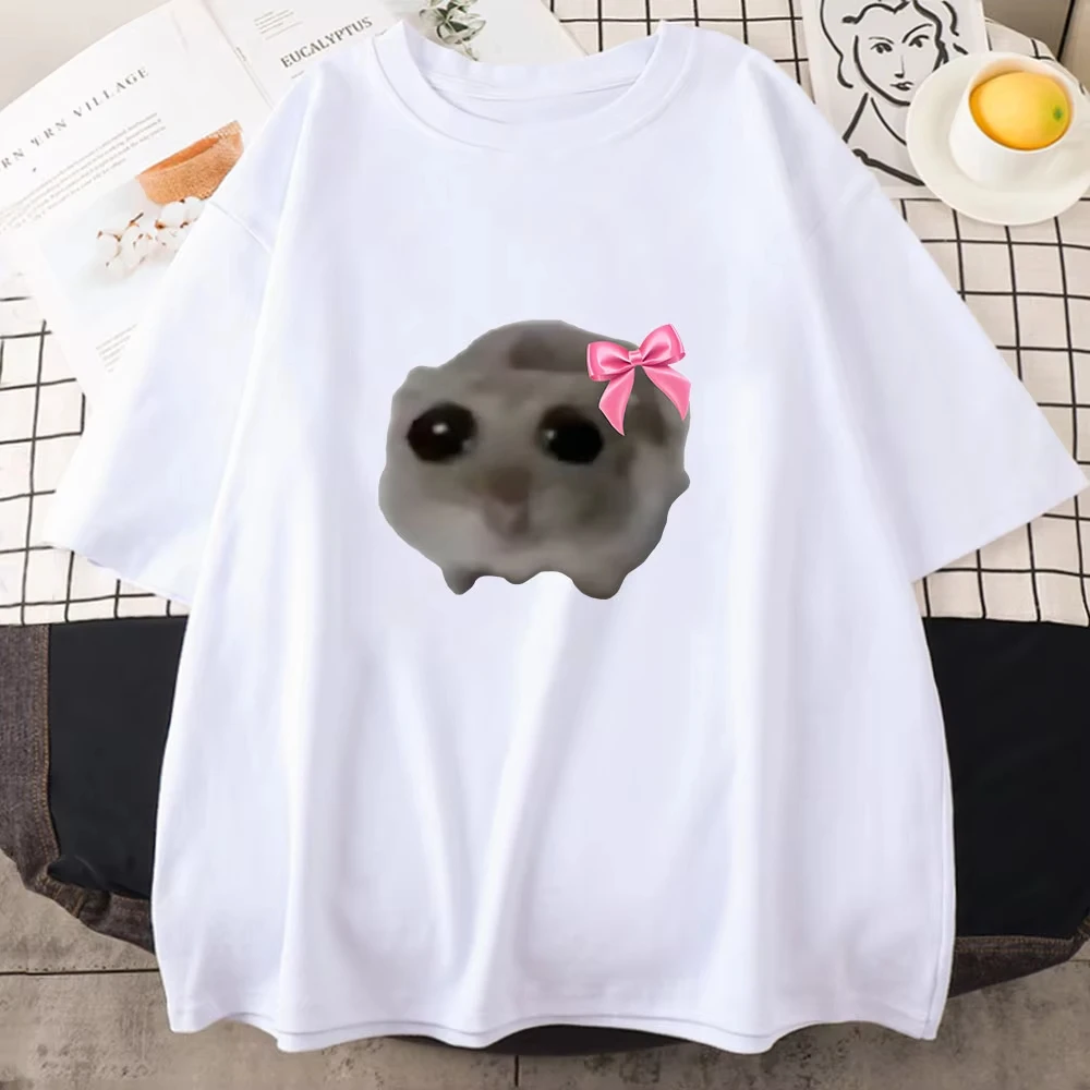 Sad Hamster Tshirt Cartoon Graphic Printed Tee-shirt Pink Summer Cotton Comfortable Tshirt Streetwear Short Sleeve Women/Men Tee