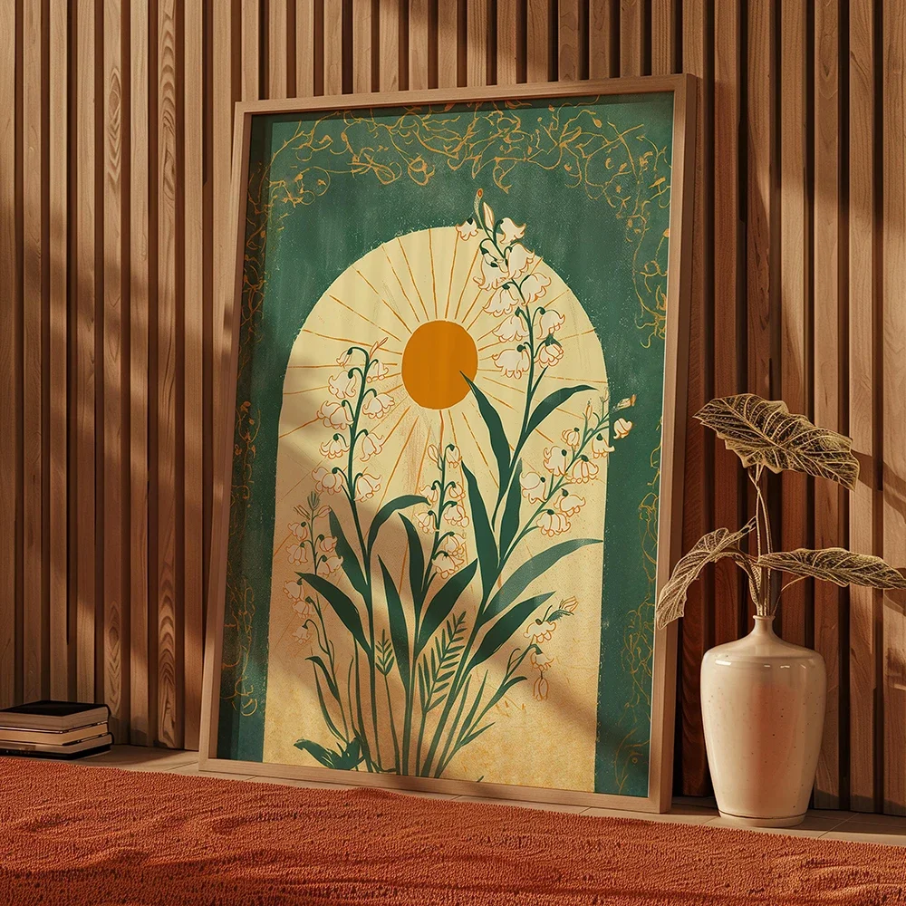 Boho Emerald Green Lily Of The Valley Canvas Posters Prints Aesthetic Sunshine Flowers Wall Art Paintings for Living Room Decor