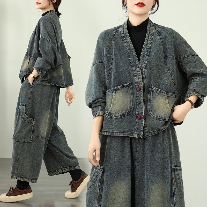 

Джинсовый повседневный свободный топ на пуговицах в стиле ретро, комплект из двух предметов, износостойкий средний тонкий кардиган Sle