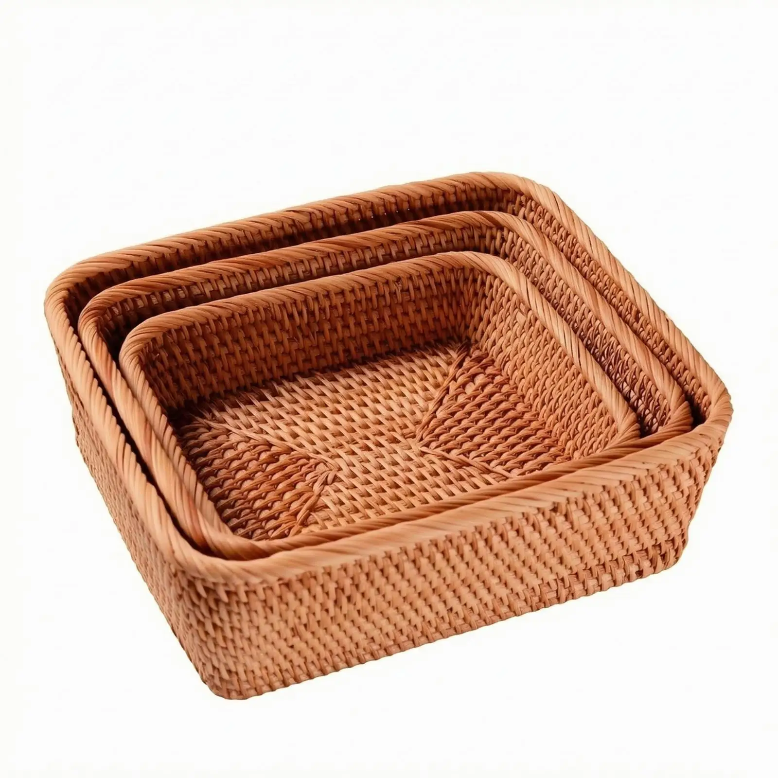 3 Pieces Handwoven Rattan Storage Basket Sturdy Rattan Basket with Braided Rim
