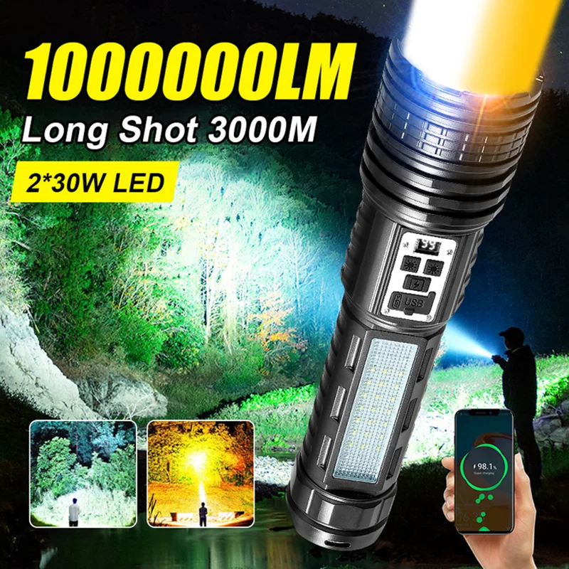 

Мощный светодиодный фонарик с зумом, мощный фонарик TYPE-C, USB перезаряжаемый водонепроницаемый боковой фонарь COB, уличный тактический фонарь для кемпинга