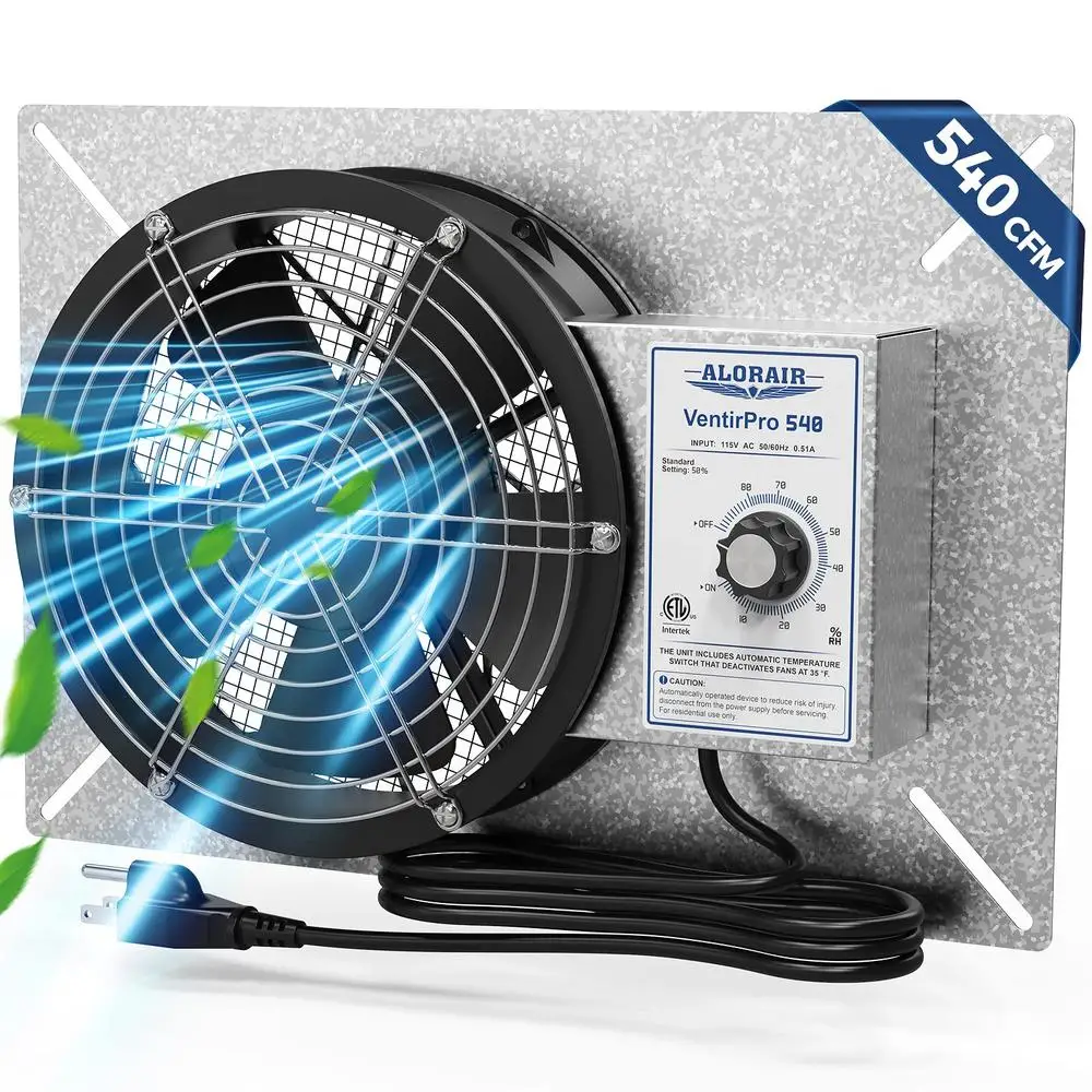 540 CFM Crawlspace Vent Fan Dehumidistat Thermostat Isolation Mesh IP-55 Rated Axial Ideal Attic Garage Radon Gas Wood Gases