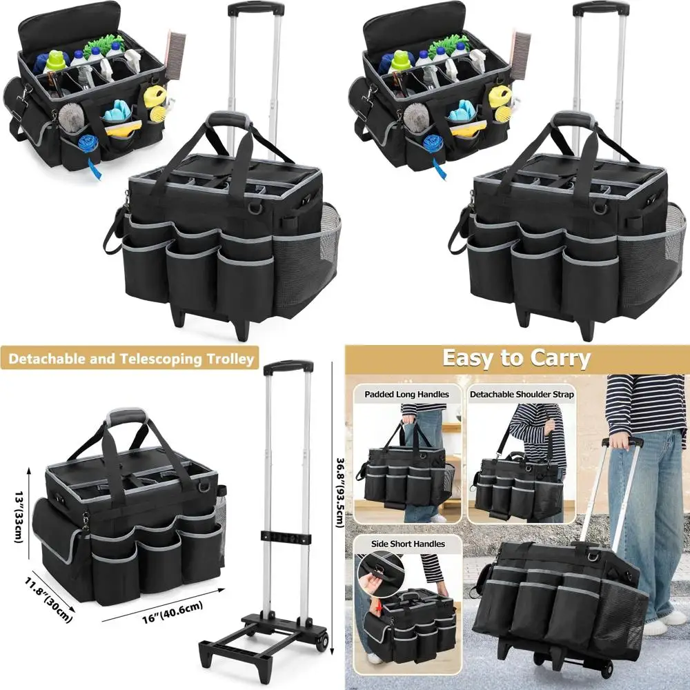 

Portable Rolling Cleaning Cart with Trolley & Shoulder Strap, Organizer Bag for Cleaning Supplies, Ideal for Home and Car Wash
