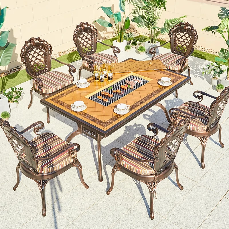 

！@Durable Modern Outdoor Cast Aluminum Barbecue Table Chair Set for Villa Courtyard Park Leisure Dining-4-Person Electric Charco