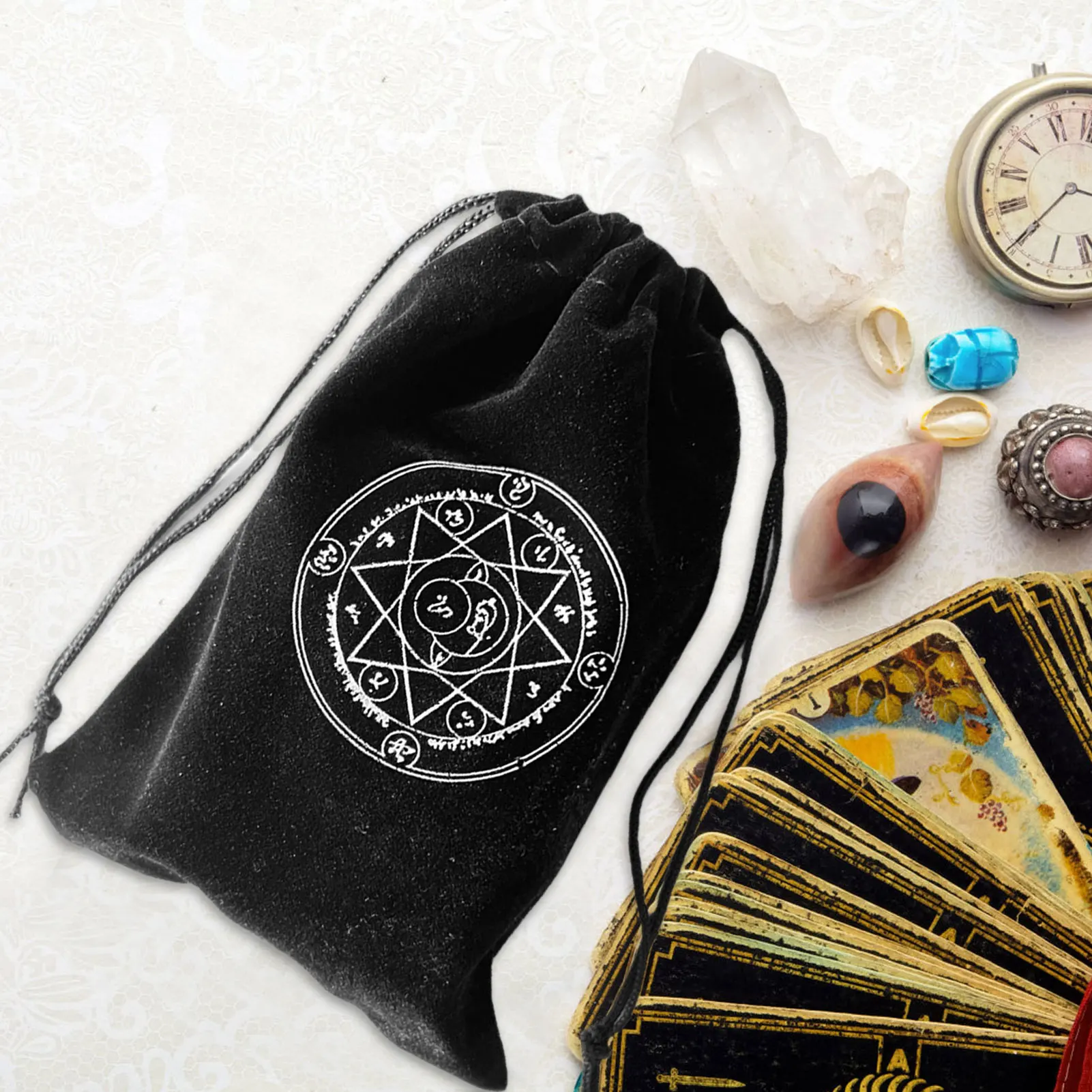 Drawstring Gift Bags Portable Cloth Drawstring Bag Pentagram Bags with Drawstrings Tarot Card Holder Jewelry Bags Flannel Print