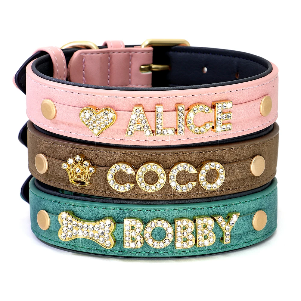 Custom Dog Name Collar Bling Rhinestone Pet Necklace Collar Personalized Leather Dogs Collar DIY Name Free Bone Paw Heart Charm