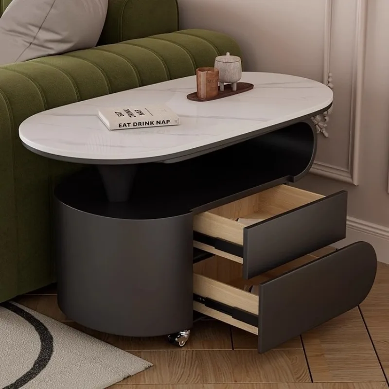 Cream style Italian light luxury modern household movable rock slab small coffee table small apartment new simple solid wood