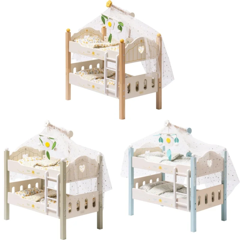 

Robotime Robud Toys Doll Bunk Bed Set Wooden Play Baby Doll Crib with Ladders and Accessories for 18 Inch Dolls for Girls