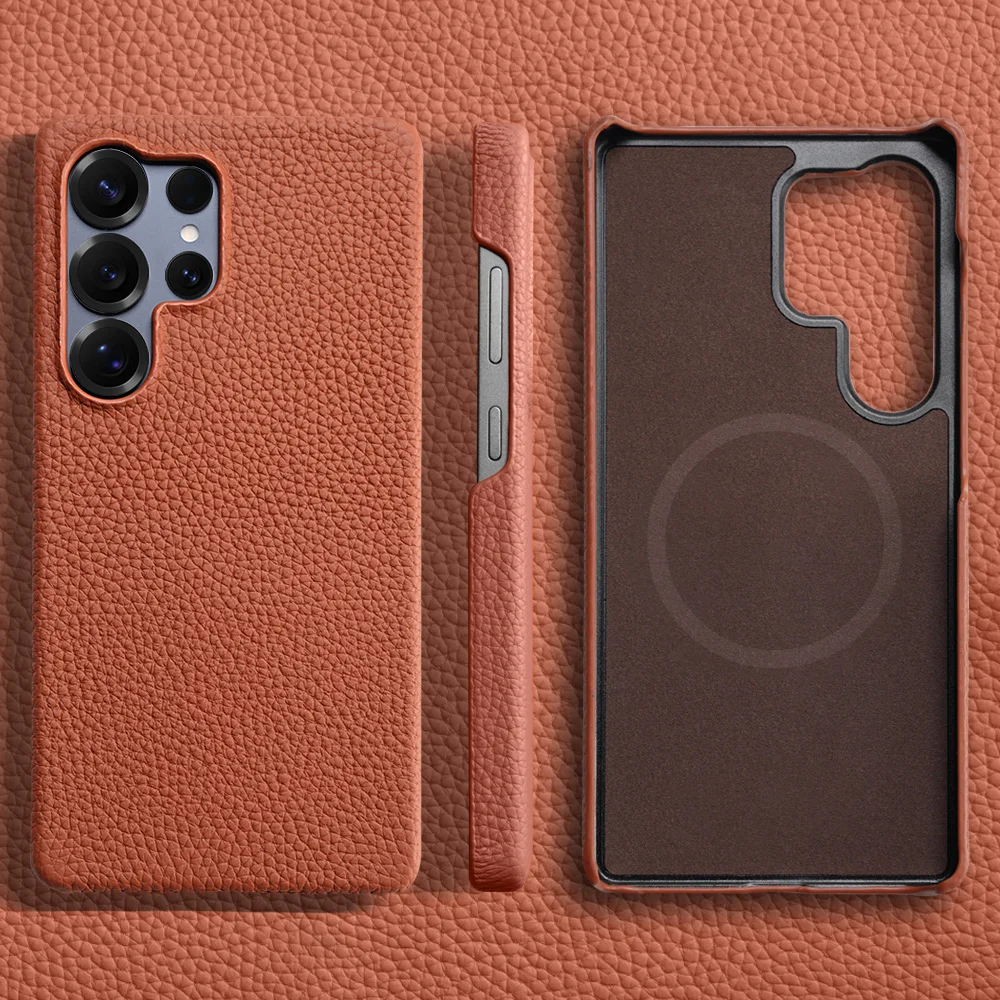 

for Magsafe Case for Samsung Galaxy S24 S25 Ultra Plus Natural Cowhide Lychee Leather Magnetic Protector Luxury Phone Back Cover