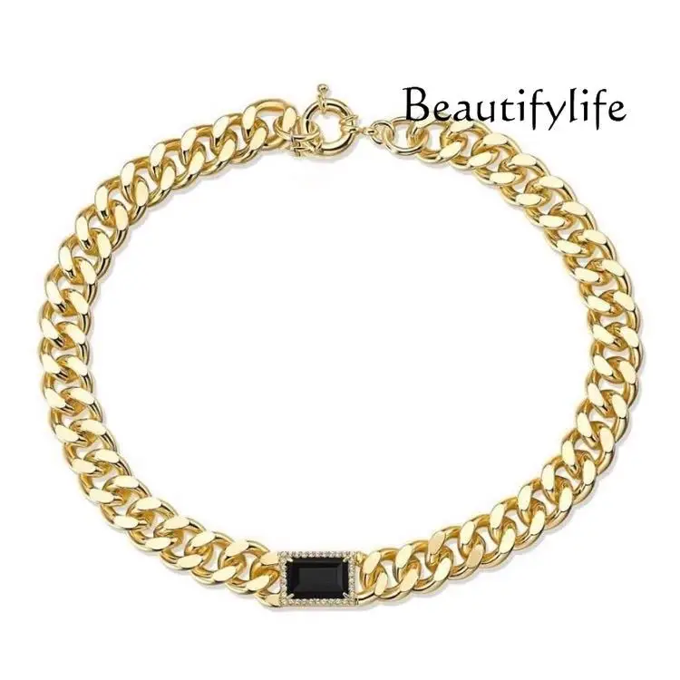 

Black agate gemstone square full diamond chain necklace light luxury niche earrings European and American babes cool neck chain