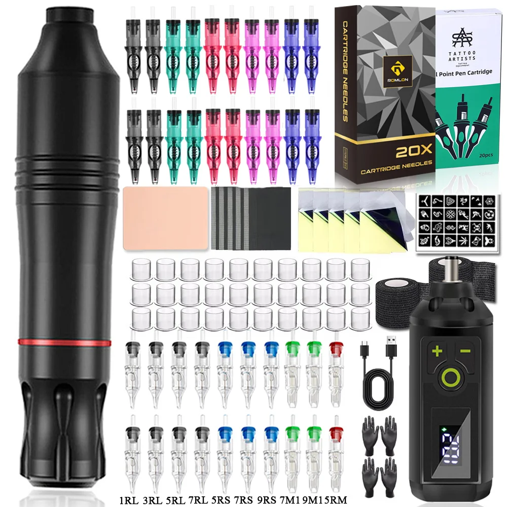 

Беспроводная тату-машинка, набор ручек с 40 шт., иглы для тату-картриджей, набор вращающихся ручек для татуировки, набор для татуировки для перманентного макияжа для начинающих