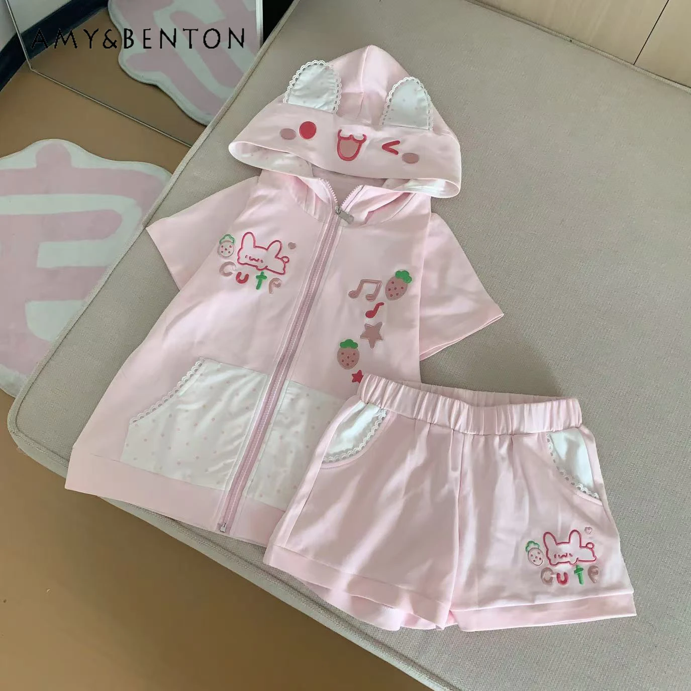 

Sweet Girl Pink Casual Sets Preppy Style Cute Cartoon Long-sleeved Hooded Short-sleeved Zipper Top High-waist Shorts Outfits