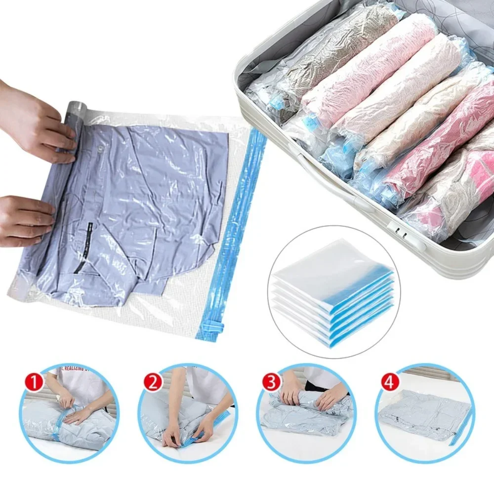 Reusable Travel Clothes Air Vacuum Bags Roll Up Compression Storage Bags for Suitcases Tops Pants  Portable Foldable