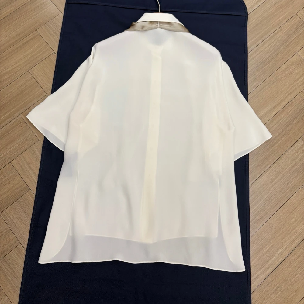 بلوزة بيضاء قصيرة الأكمام بلايز الحرير 2025 جودة عالية جديدة