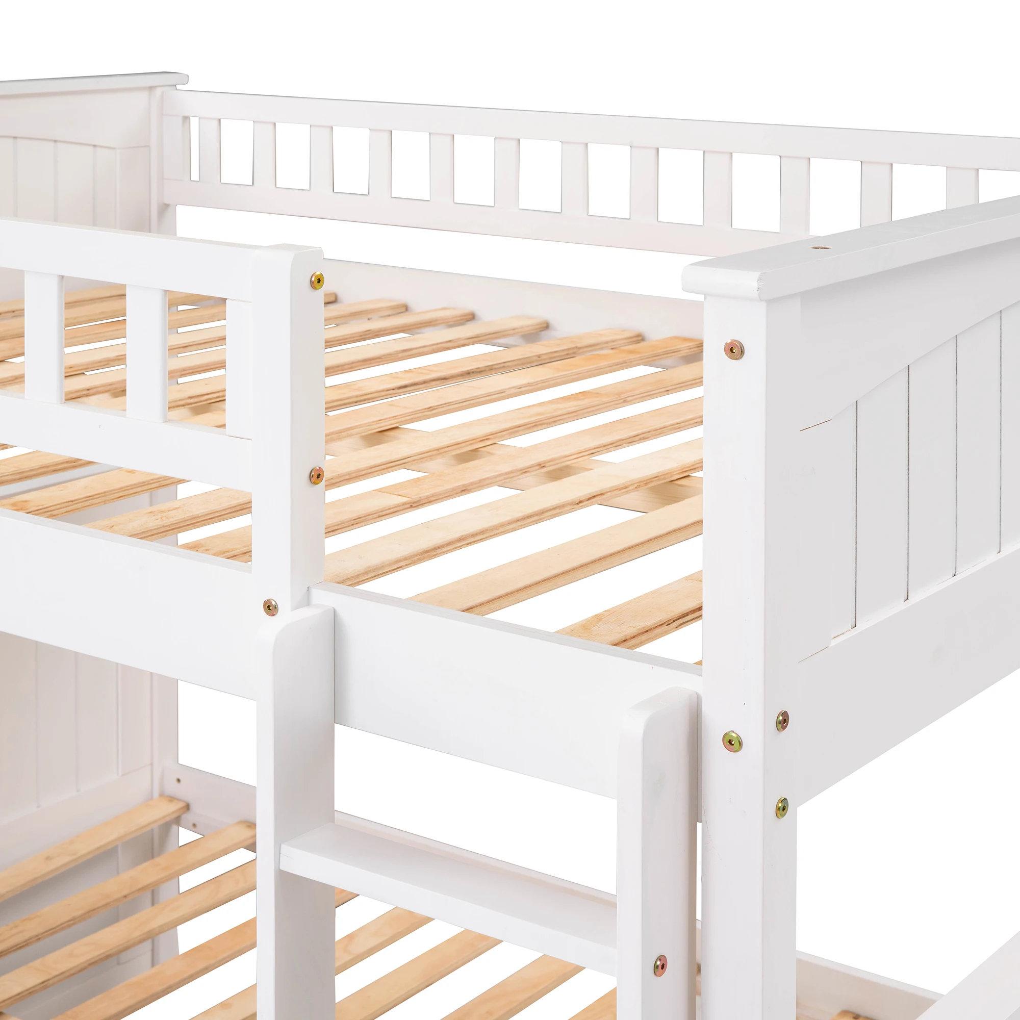 Full Over Full Bunk Bed with Twin Size Trundle, Pine Wood Bunk Bed with Guardrails, White