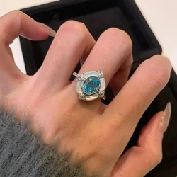 Copper Vintage Palace Style Blue Aquamarine Gemstone Oval White Fritillaria Rings for Women Light Luxury Ring Wedding Jewelry