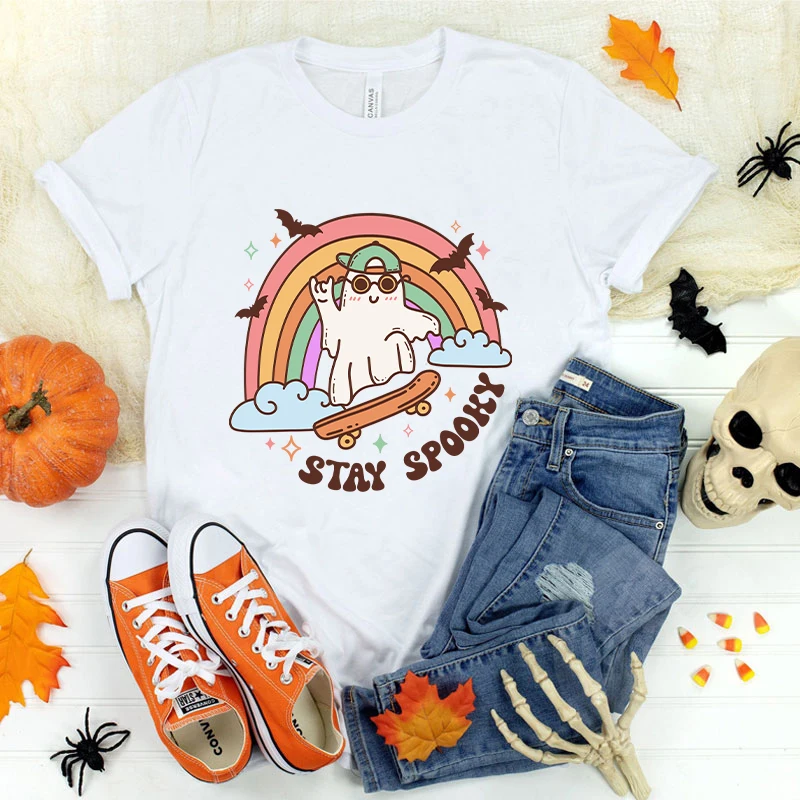 (Premium T-shirt)Halloween Boo Stay Spooky T-Shirt Women Fashion Harajuku T Shirt Summer Cool Short Sleeve Hip Hop Top Tee