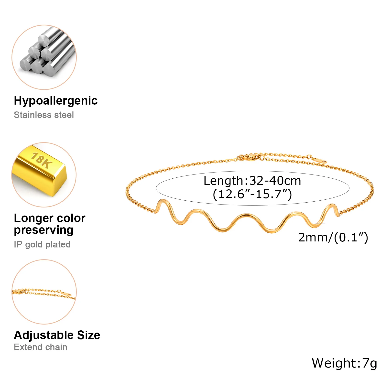 Colar gargantilha wave para mulheres, aço inoxidável, colar de corrente minimalista, joias banhadas a ouro 18k