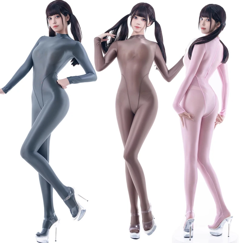 Sexy Women gloss one piece swimsuit women body suit see through swimsuit  Long sleeved back zipper