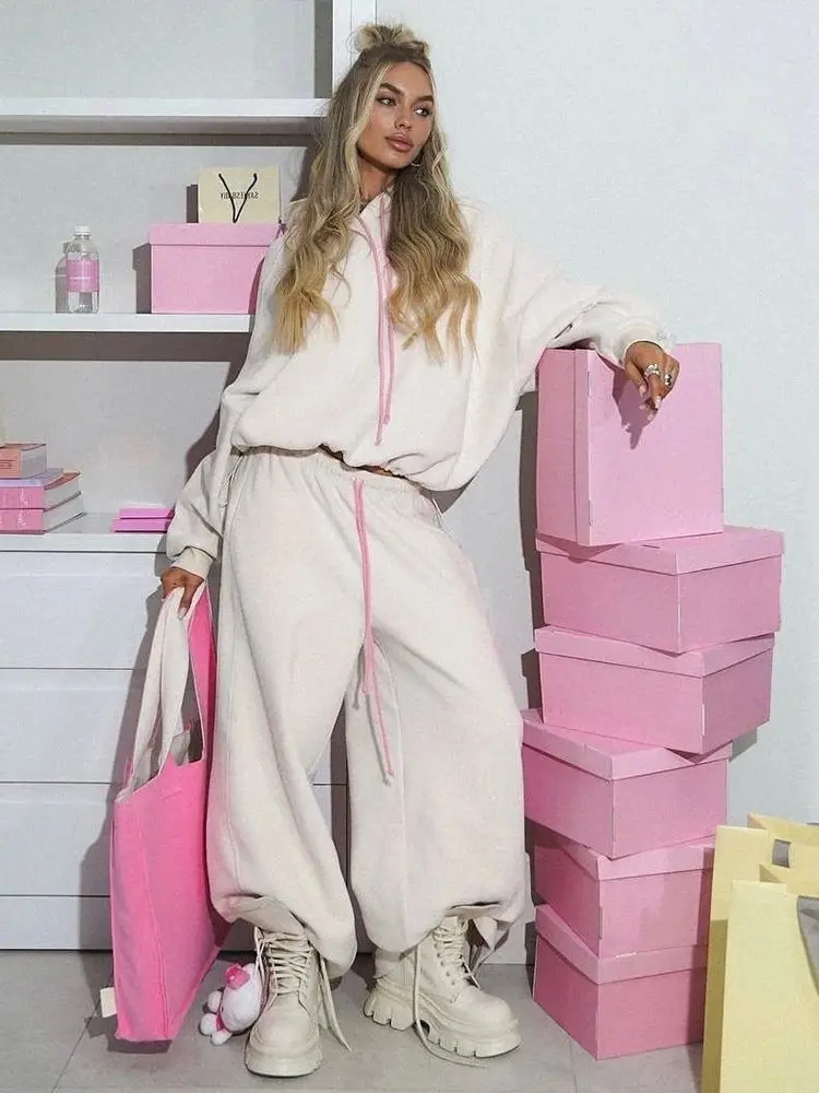 Kliou Tute casual Set da 2 pezzi Donna Tendenza autunnale Pullover con cappuccio a maniche lunghe + Pantaloni lunghi con coulisse Abito stile sportivo quotidiano