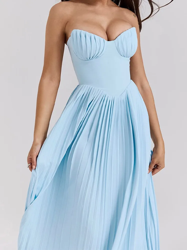 Sexy Strapless Women Pleated Maxi Dress Fashion Solid Backless High Waist Dresses 2024 Summer Lady Sleeveless Party Evening Robe