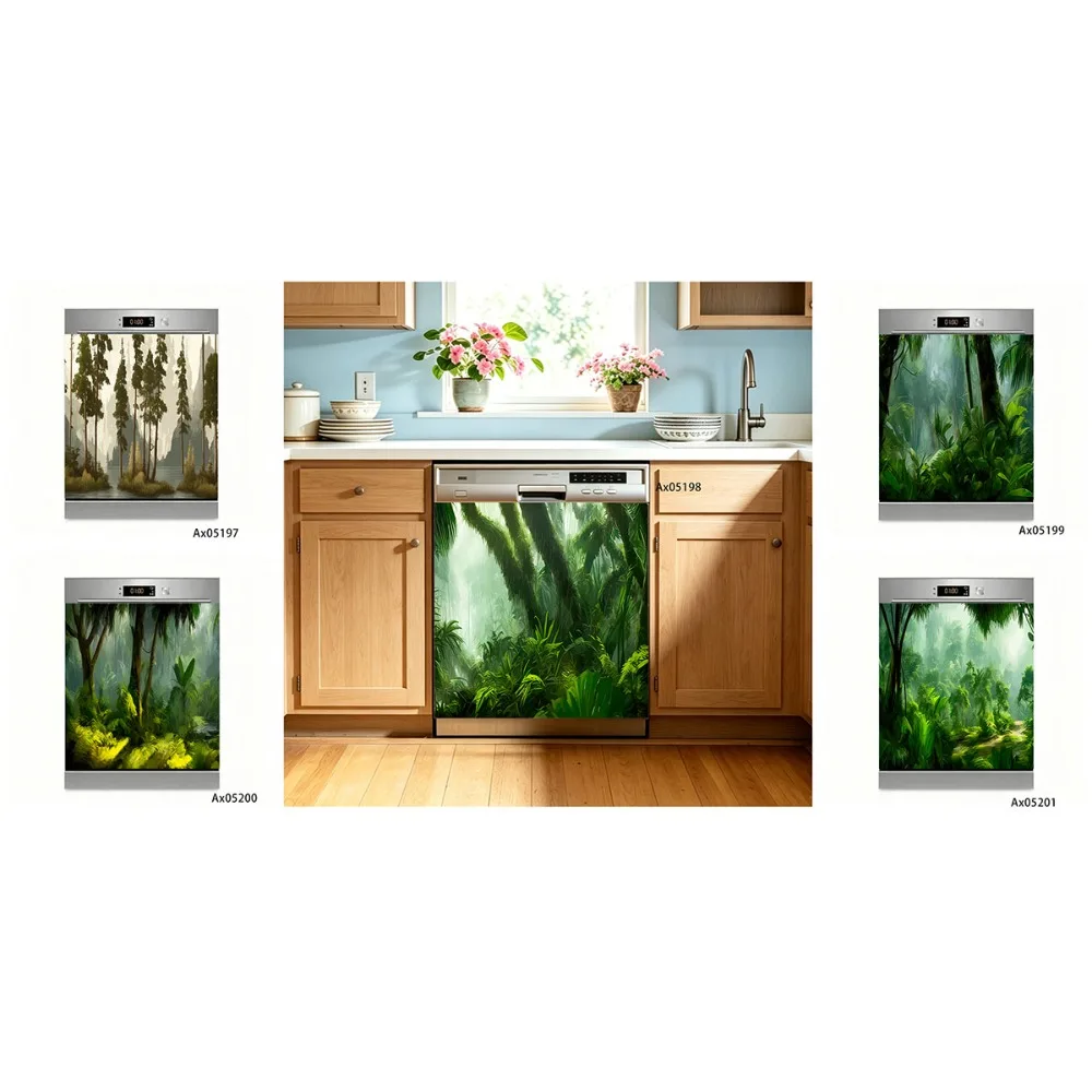 Misty Tropical Rainforest Jungle Landscape Dishwasher Door Wrap Sticker Wallpaper Customize Home Decoration Door Poster Stickers