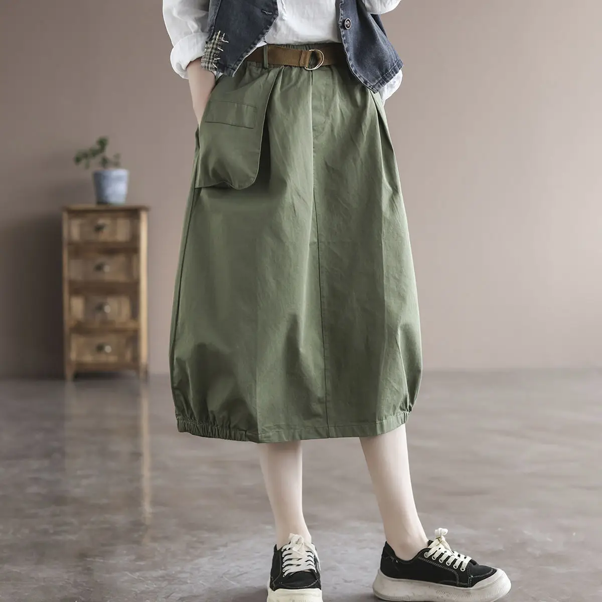 High Waist Loose Artistic  Color Midi Skirt Korean Style Commute A-Line Skirt for Women in Their Late Twenties