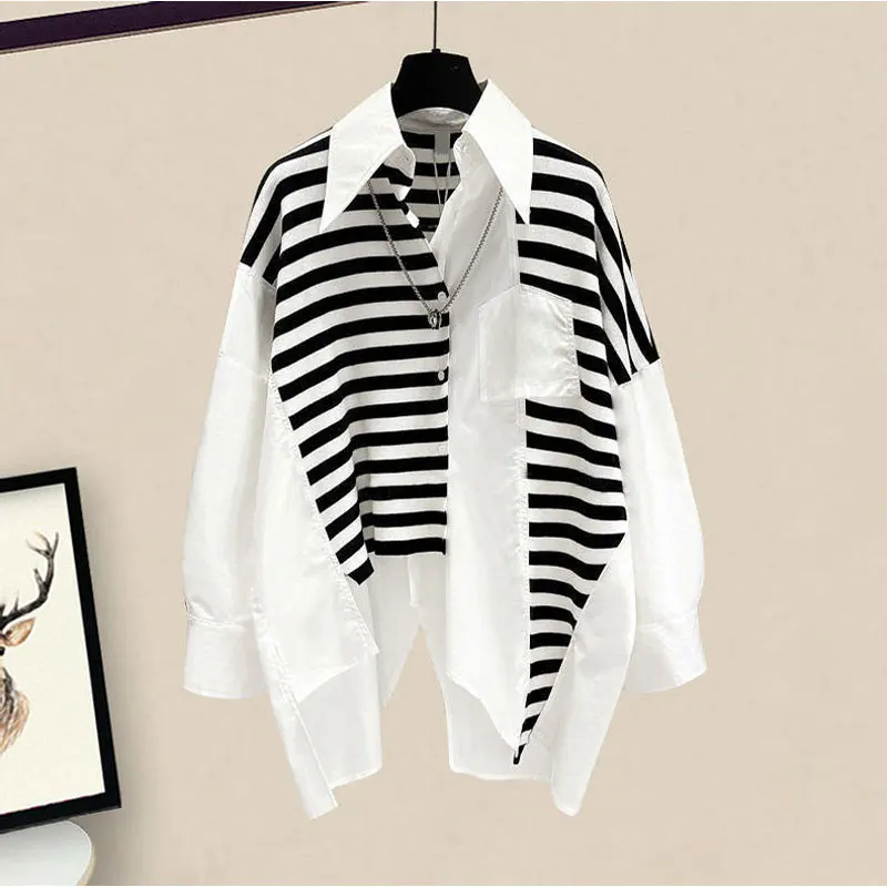 

Female Clothing Striped Pockets Spliced Shirt Spring Autumn Korean Fashion Asymmetrical Single-breasted Casual Irregular Blouse