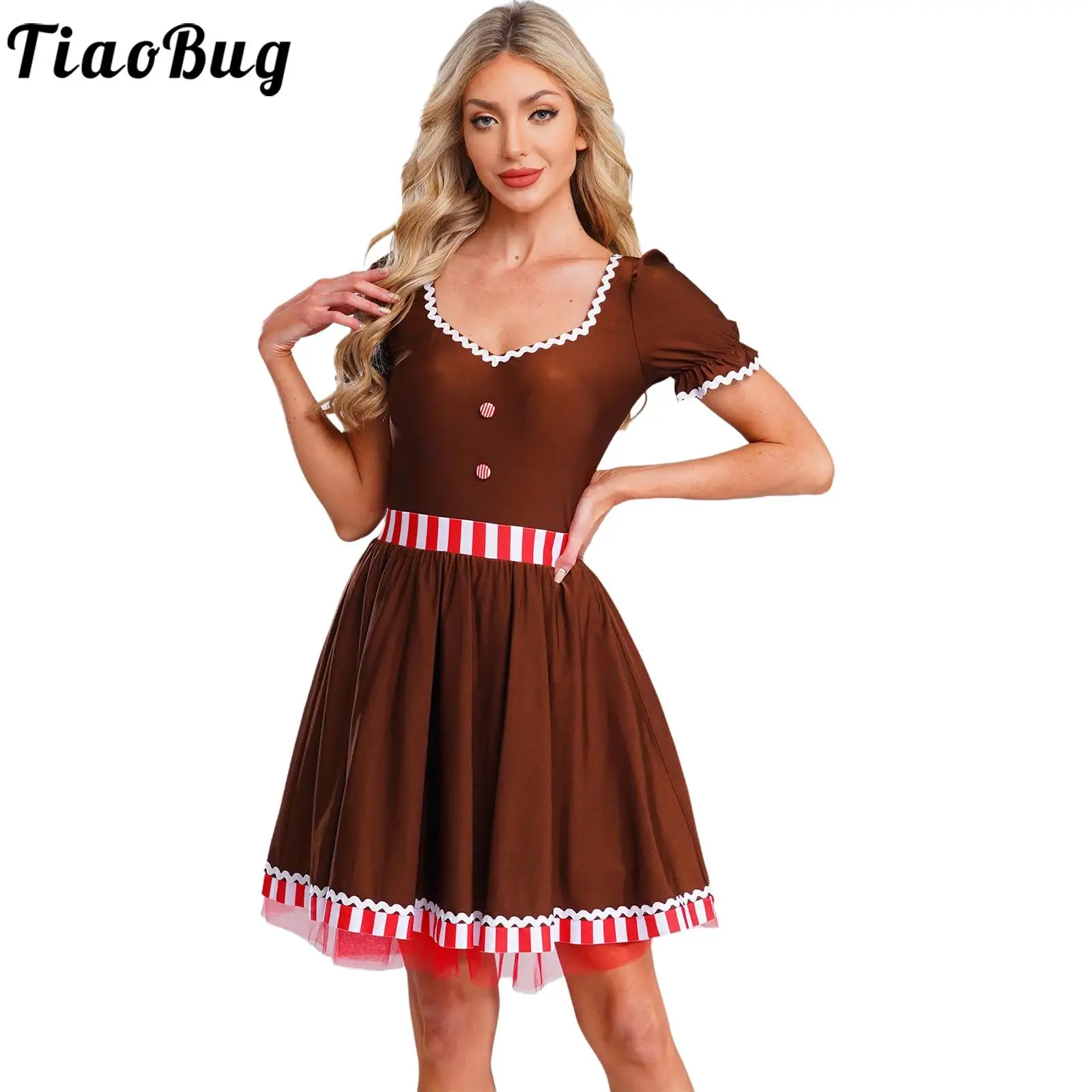 

Women Girl Christmas Gingerbread Man Costume Party Dress Candy Cane Santa Cookie Man Cosplay Clothes Festival Tutu Ballet Dress
