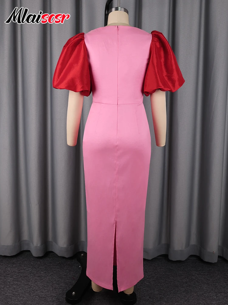 Mlaiscsr Satin Patchwork manches bouffantes nœud moulante rose robes femme col carré a-ligne élégante mariage anniversaire soirée africaine
