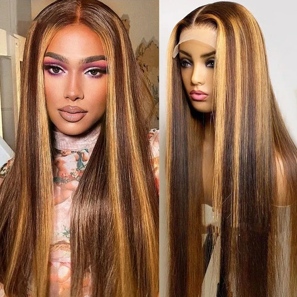 

40-дюймовый парик с прямой ленточной застежкой 4/27 Highlight 13x6 из натуральных волос, предварительно прорезанный, с фронтальной лентой 13x4, для чернокожих женщин, плотность 200%