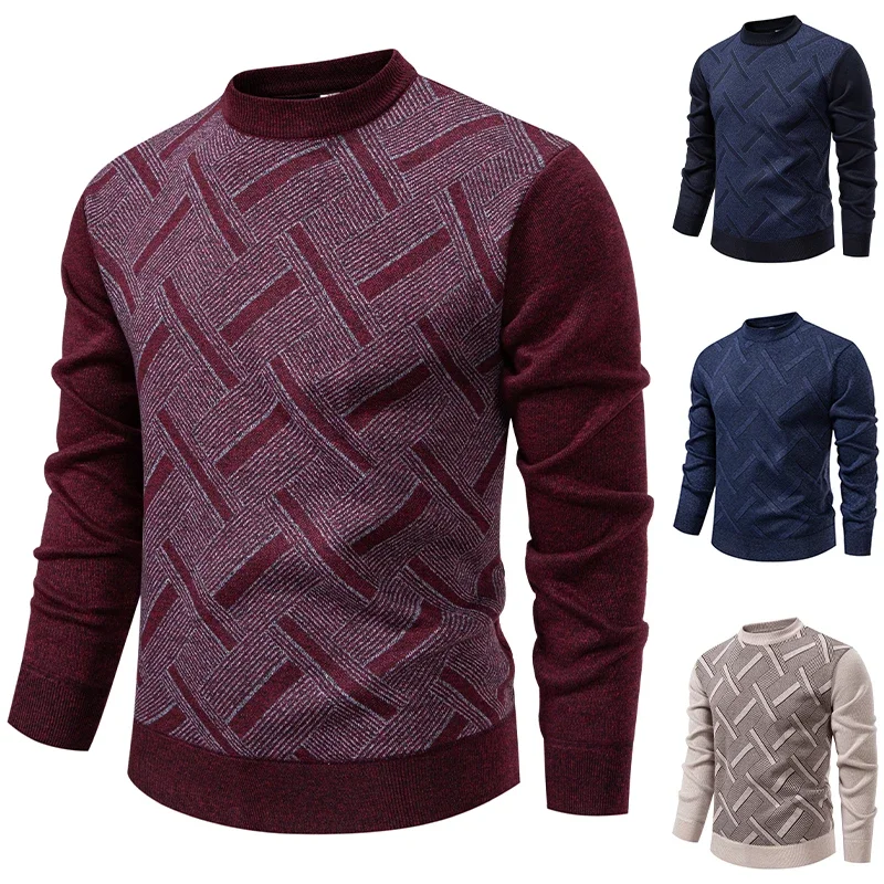 Daily Leisure Male Knitted Sweater Textured Interlaced Stripe Design Soft Stretch Knit Fabric Outdoor Commuting Pullover