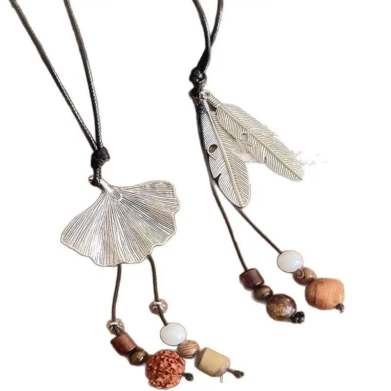 Böhmische lange Halskette mit Anhänger für Damen, runde, ovale Blatt-Perlenkette, Seilketten-Pulloverkette, geometrischer, trendiger Schmuck, Geschenkidee – Detail 9