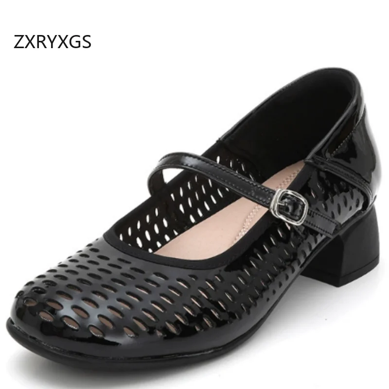 

ZXRYXGS 2026 New Summer Cowhide Patent Leather Hollow Sandals Breathable Elegant Women Mid Heel Sandals Large Size Modem Sandals