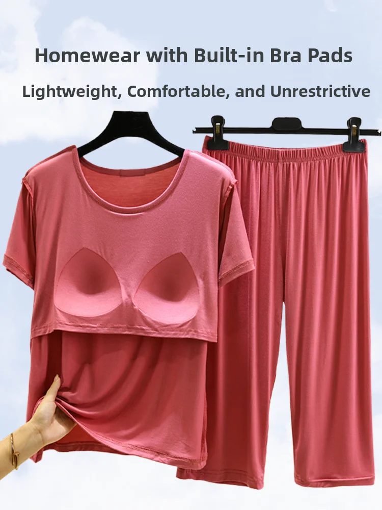 Casual Modale Thin Short Sleeve Seven-Foot Pants Air Conditioned Sleepwear Home Clothes Large Size Chest Pad Suitable for Out...