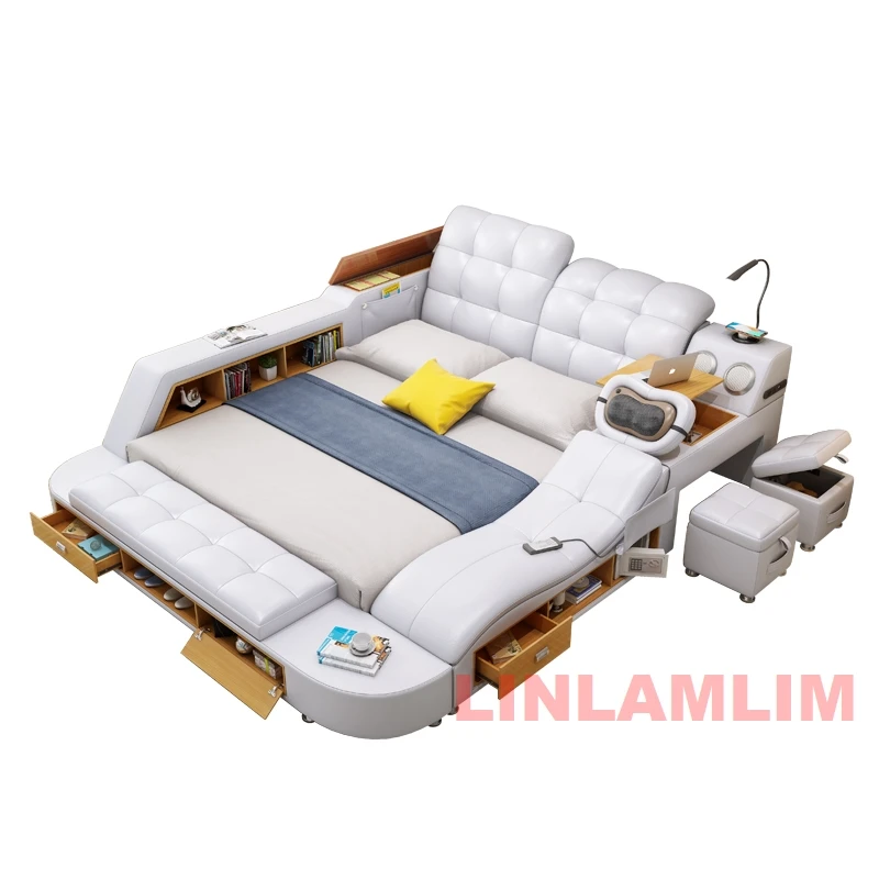 All In One Bed, Luxury Multifunctional Tech Smart Genuine Leather Bed, Tatami Ultimate Bed, Spacious King Size Bedroom Furniture