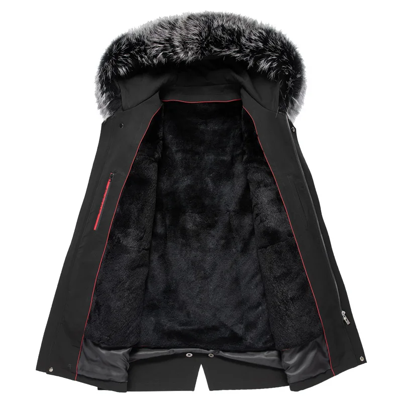 Winter New Black Men's Overcoat Rex Rabbit Fur Liner Faction Overcome Jackets Male Long Casual Big Fox Fur Collar Trench Coats