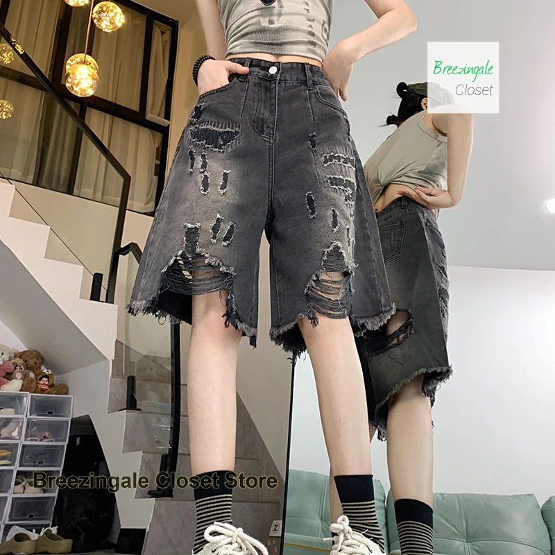 

American retro dark wind high waist cropped pants women's summer new fashion gradient tassel loose straight denim shorts.