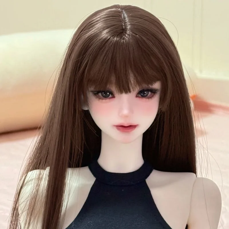 Bjd-Puppenperücke passt auf 1/3 1/4 1/6 Größe dunkelbraunes langes glattes Haar heiße Seidenpuppenzubehör