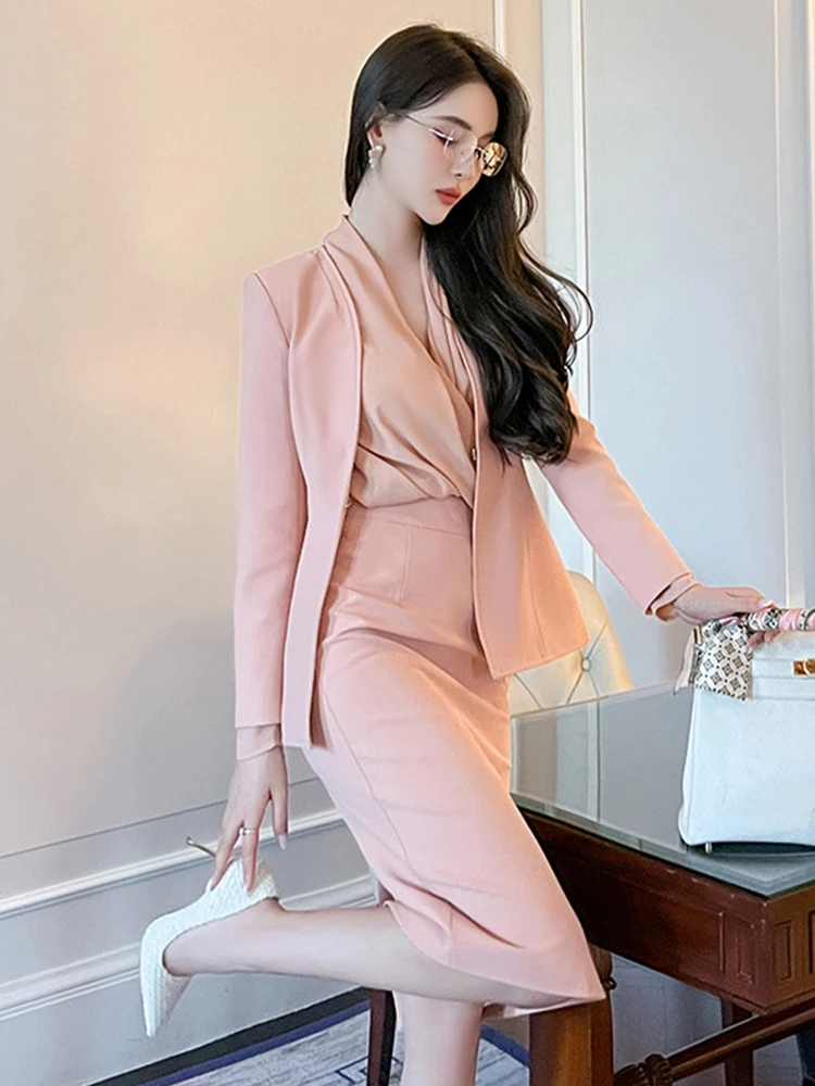 Primavera professionale pendolare 2 pezzi completo per donna 2023 solido rosa manica lunga giacca gonna a matita Femme Office Lady Clothes