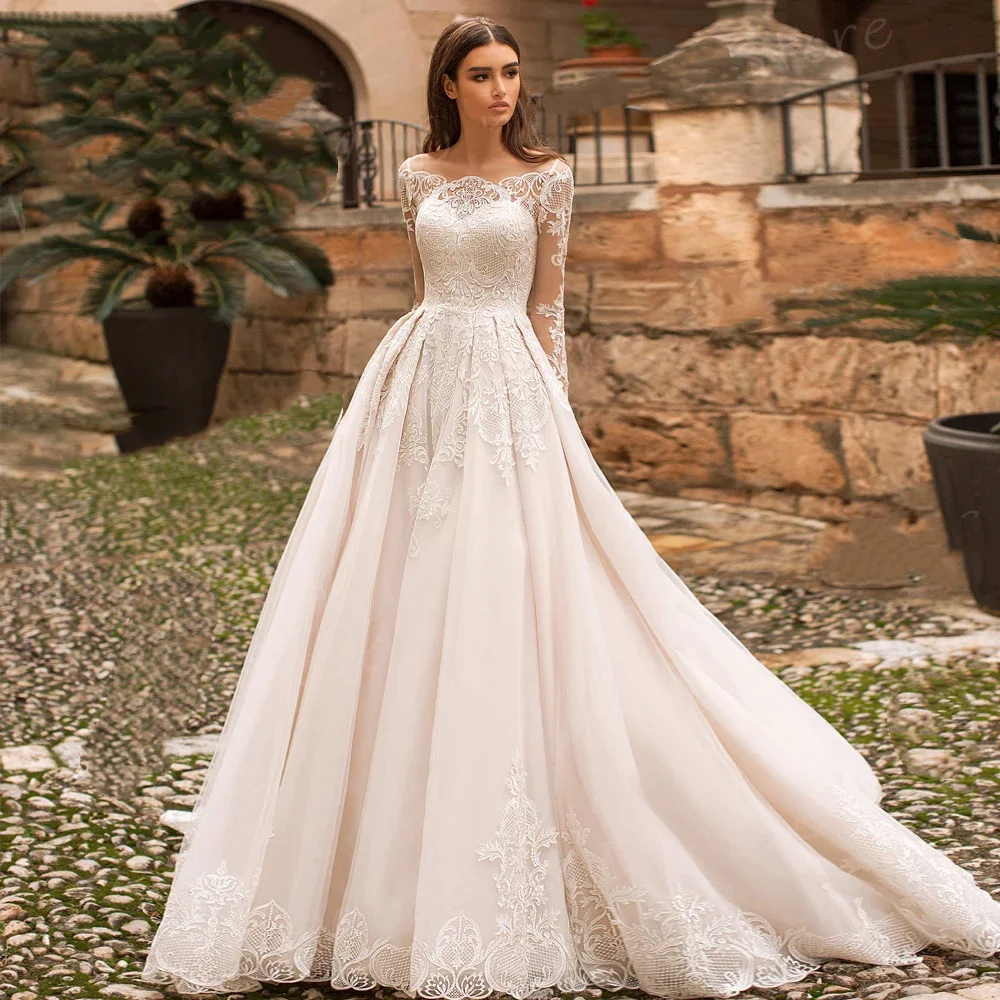 Gaun Pengantin Wanita Anggun Putih Pertama Gaun Pengantin Applique Renda Klasik Gaun Pengantin Putri Lengan Panjang Vestidos Novias Boda Disesuaikan