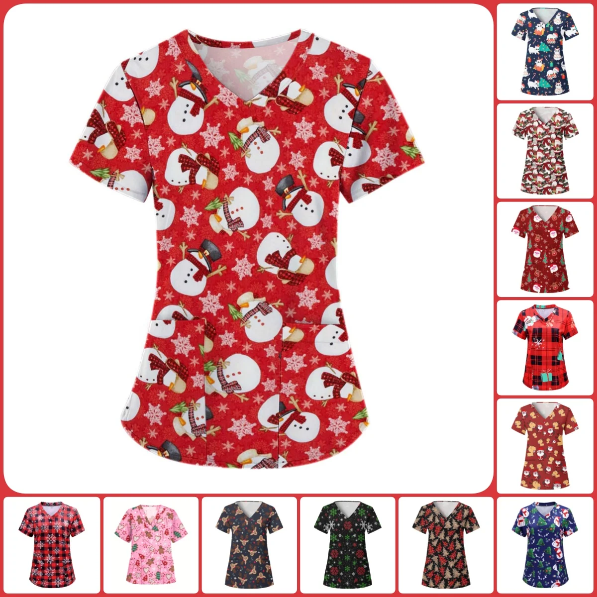 Clinical Uniforms Christmas Cartoon Series Patterns Dental Nursing Tops V-Neck Short Sleeve Snowman Print Uniforms Women Medical
