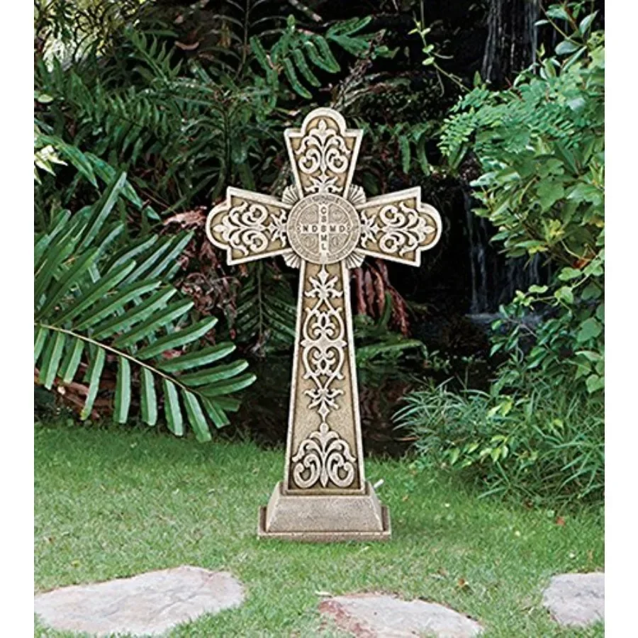 Garden cross statue for outdoor use, stone-resin material, gray color, weather-resistant and detailed craftsmanship