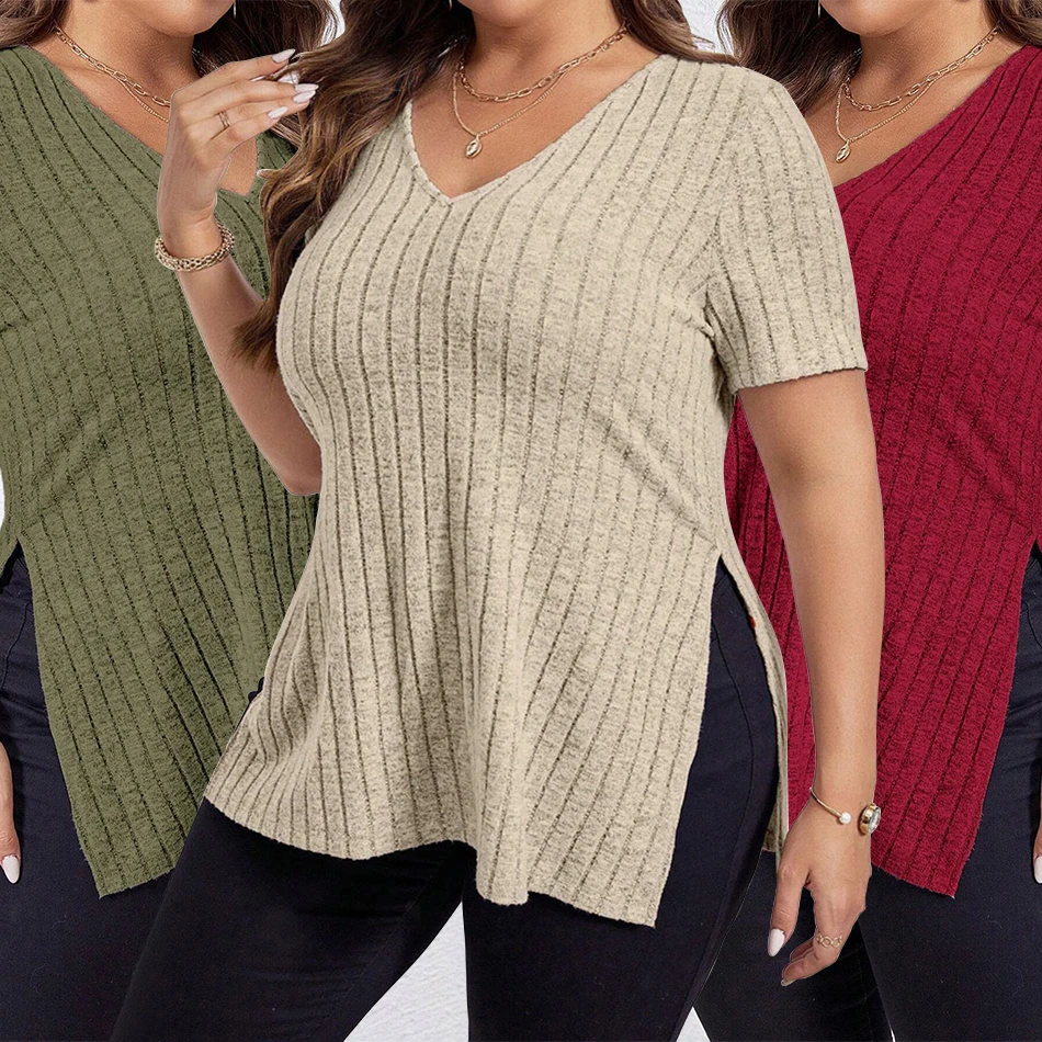 

2024 Spring Summer Fashion Plus Size Women Tops Solid Color V-Neck Ribbed T-Shirt Soft Breathable Fabric for Everyday Comfort