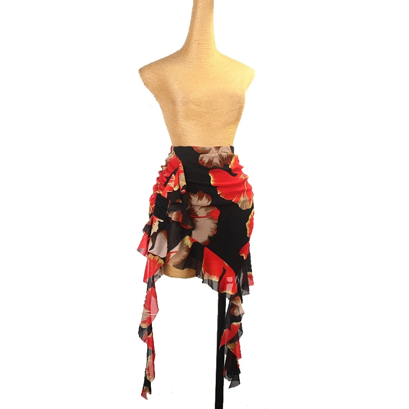 Vêtements d'entraînement pour femmes adultes, vêtements de danse Cha Rumba, jupe de danse Salsa noire à fleurs, jupe de danse latine irrégulière